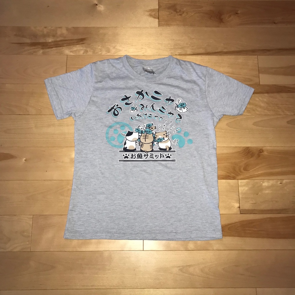 Graphic Tee-Shirt With Japanese Text and Cats